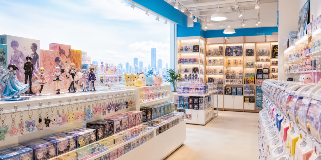 A bright Japanese hobby shop with anime goods, figures, capsule toy machines, and collectible items.